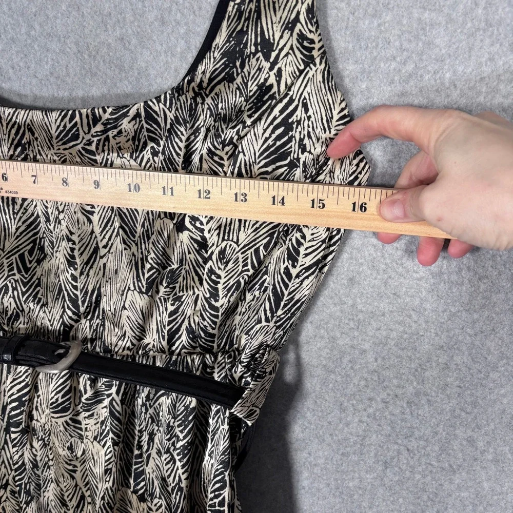 Y2K Vintage XXI Satin Mini Dress Small Black Tan Feather Print Belted Glam Party